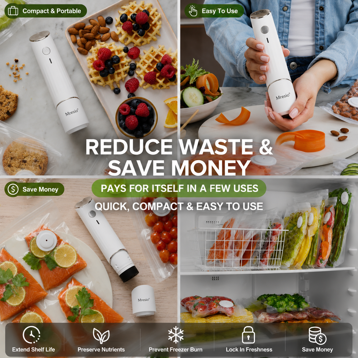 Mresio® Fresh Reserve Vacuum Sealer – Keep Food Fresh Up to 5x Longer, Reduce Waste, Perfect for Home & Travel