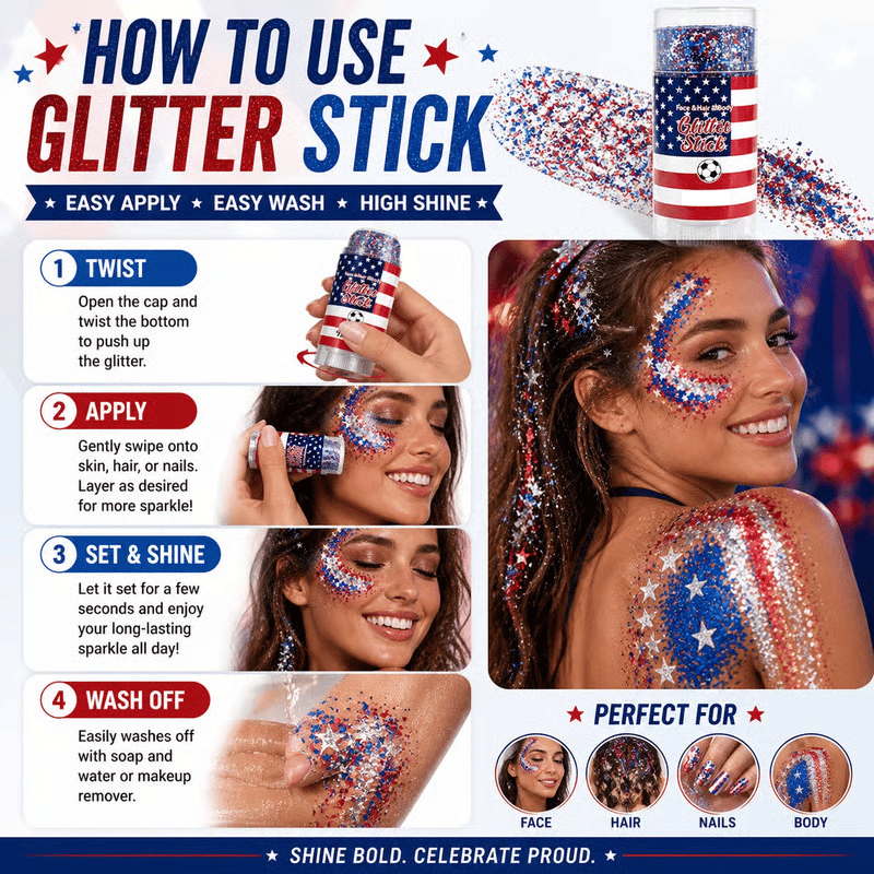 🔥Last Day 49% OFF🦅4th of July Glitter Stick✨🔔Red, White & Blue Body & Hair Sparkle