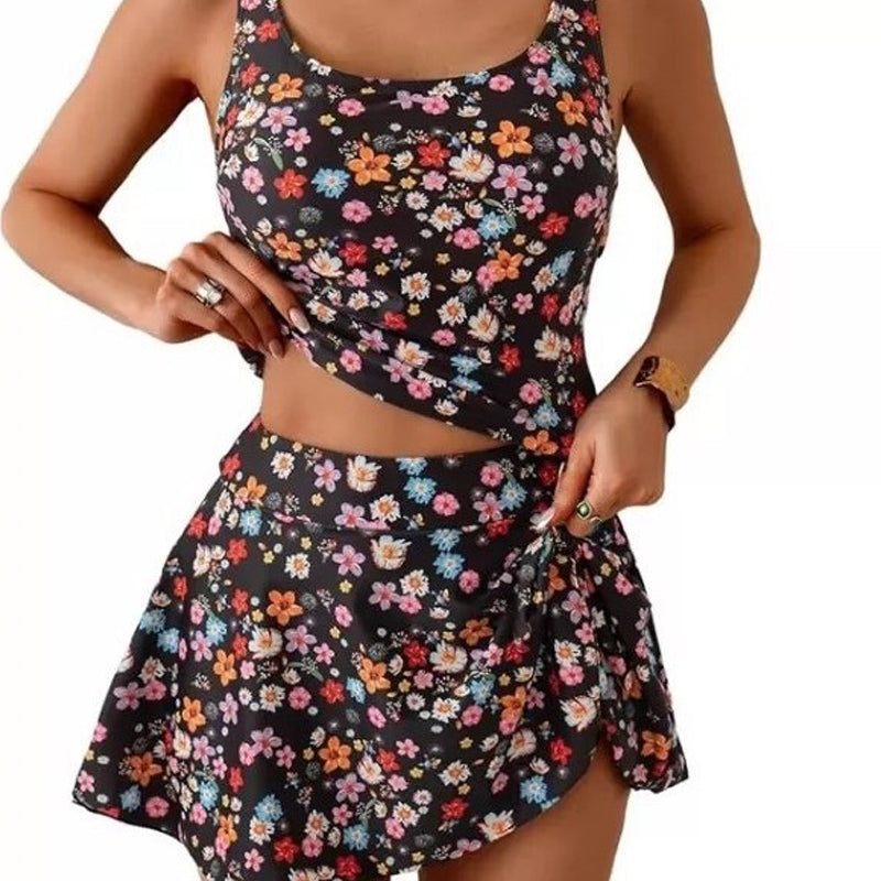 👙☀️ Tank Top & Side Tie Skirt Swimwear Set – Adjustable Straps, High Waist, Removable Pads, Flowy Cover-Up Style. Perfect For Beach, Pool & Honeymoon! 🌊💕✨